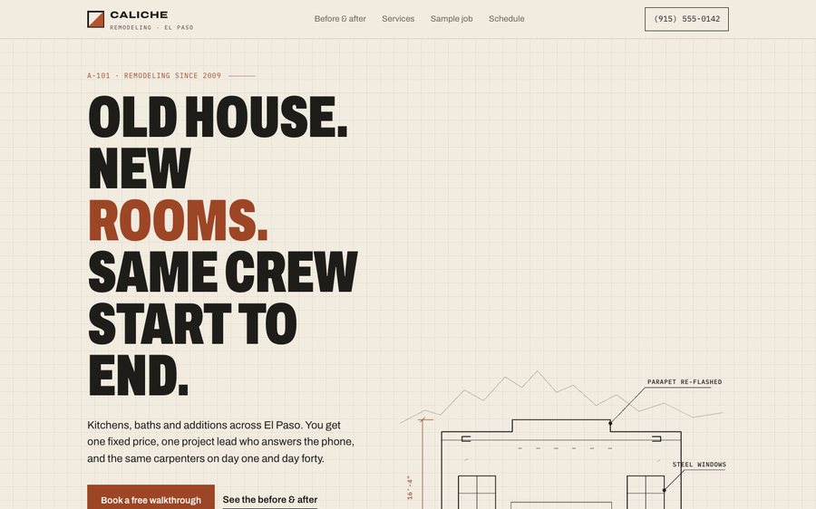 Caliche Remodeling, custom kitchens, baths & additions website design, El Paso