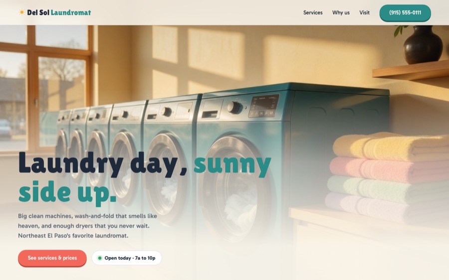 Del Sol Laundromat, custom laundromat website design, El Paso
