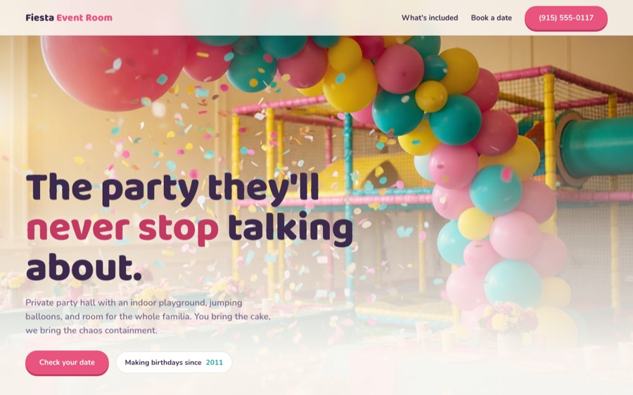 Fiesta Event Room, custom kids party hall website design, El Paso