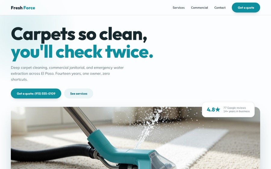 Fresh Force LLC, custom carpet & janitorial website design, El Paso