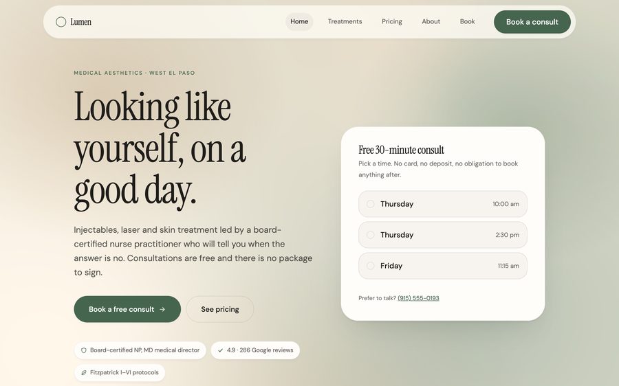 Lumen Aesthetics, custom medical aesthetics website design, El Paso