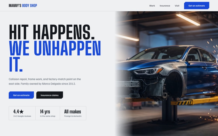 Manny's Body Shop, custom auto body & paint website design, El Paso