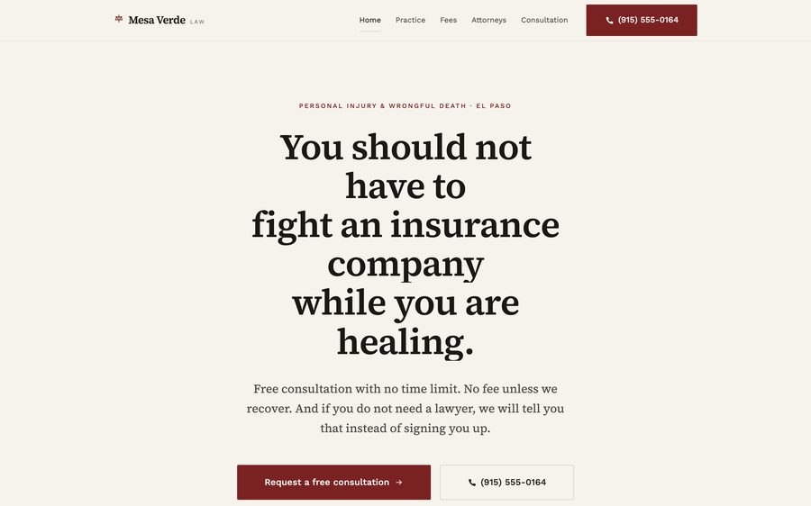 Mesa Verde Law, custom personal injury law website design, El Paso