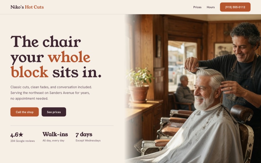 Niko's Hot Cuts, custom barbershop website design, El Paso