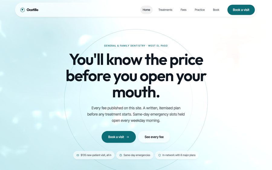 Ocotillo Dental, custom dentist website design, El Paso