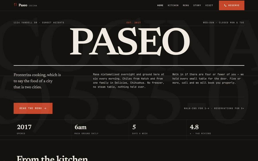 Paseo Cocina, custom restaurant website design, El Paso