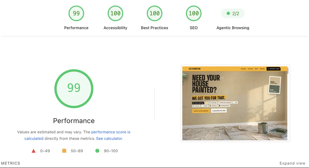 Google PageSpeed Insights, desktop: Performance 99, Accessibility 100, Best Practices 100, SEO 100.