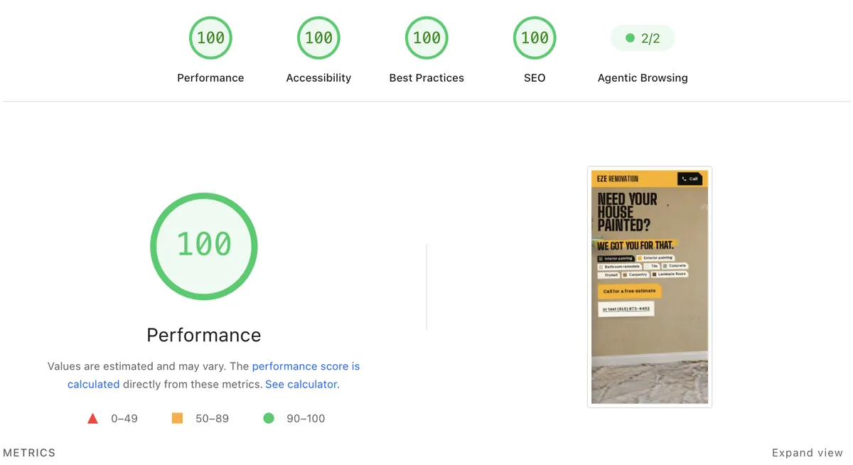 Google PageSpeed Insights, mobile: Performance 100, Accessibility 100, Best Practices 100, SEO 100.