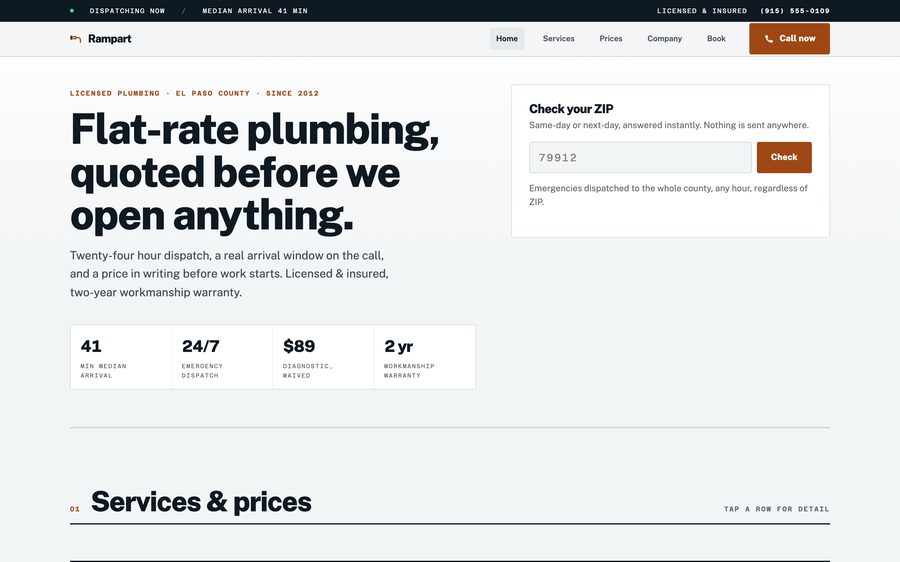 Rampart Plumbing, custom plumbing website design, El Paso