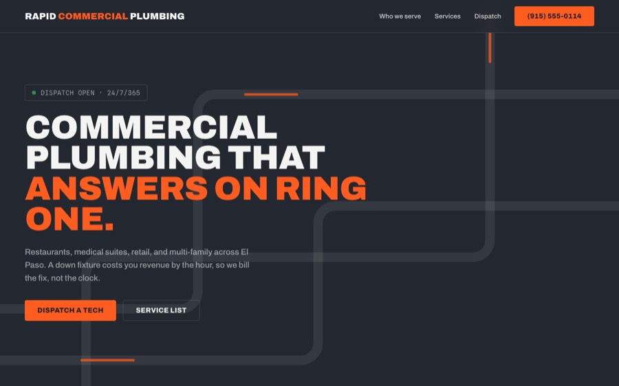 Rapid Commercial Plumbing, custom commercial plumber website design, El Paso