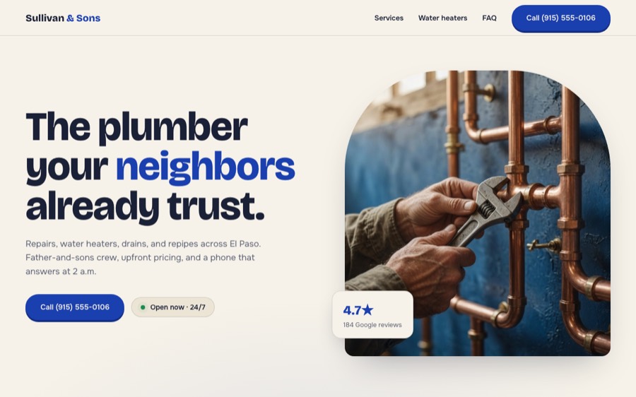 Sullivan & Sons Plumbing, custom plumber website design, El Paso