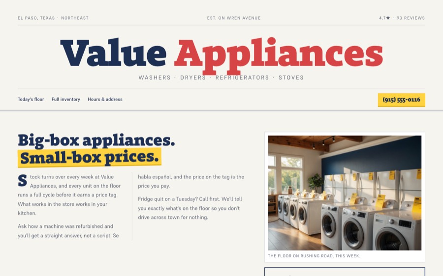 Value Appliances, custom appliance store website design, El Paso