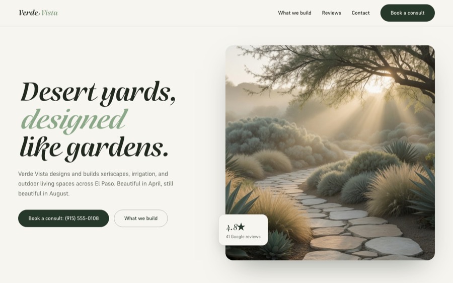 Verde Vista Inc, custom landscape design & build website design, El Paso