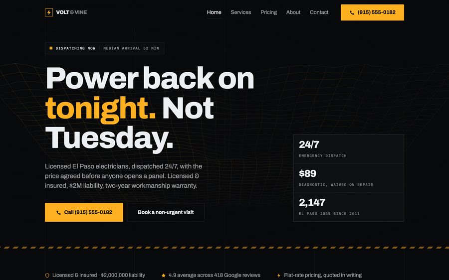 Volt & Vine Electric, custom electrician website design, El Paso